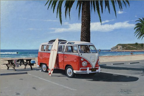 A classic 1965 VW Bus is parked at Refugio Beach just north of Santa Barbara